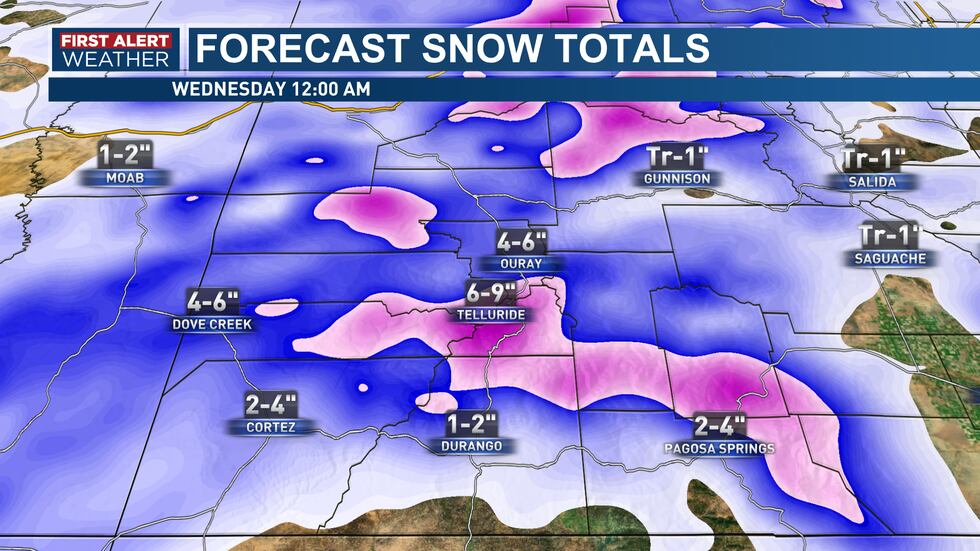 Snowfall Totals San Juans leading into Wednesday