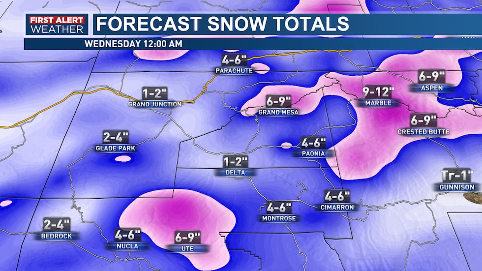 Snowfall Totals High Country leading into Wednesday