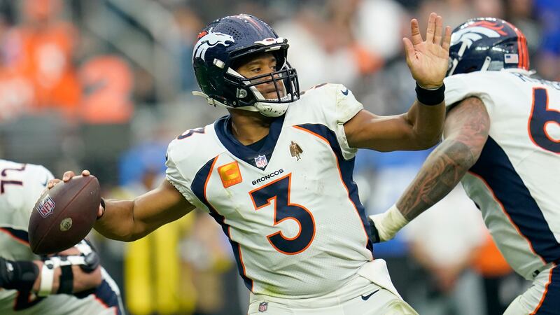 Denver Broncos quarterback Russell Wilson (3) throws against the Las Vegas Raiders during the...