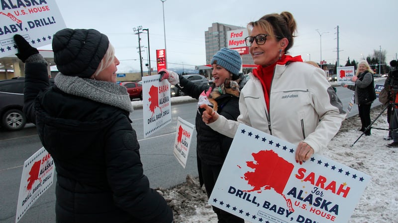 FILE - Former Alaska Gov. Sarah Palin, a Republican candidate for Alaska's sole seat in the...