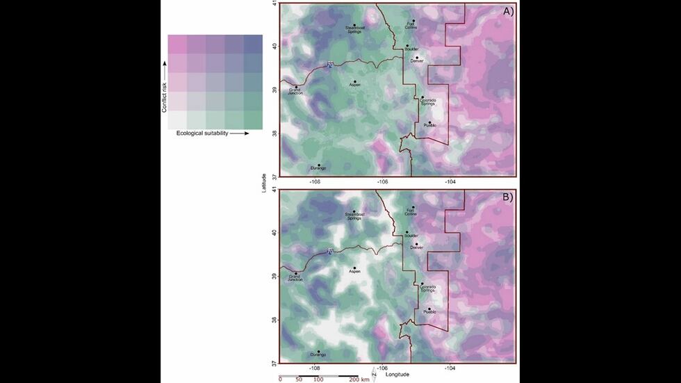 Purple represents areas with good habitats, but high potential for conflict. Ditmer says these...