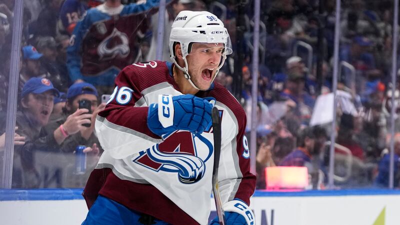 Colorado Avalanche's Mikko Rantanen celebrates after scoring a goal against the New York...