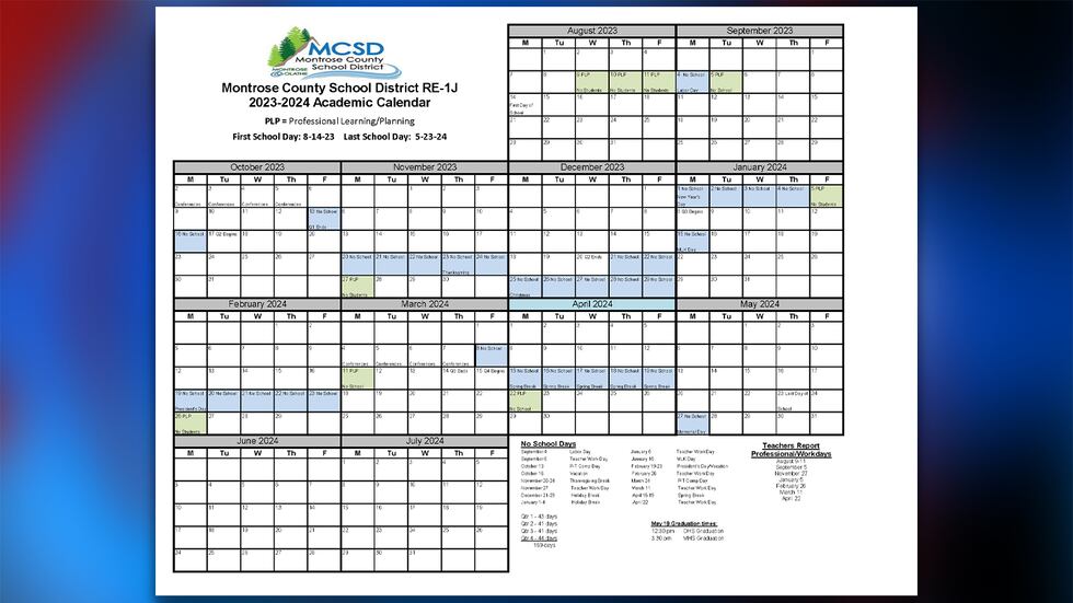 The Montrose County School District academic calendar for the 2023-2024 school year.
